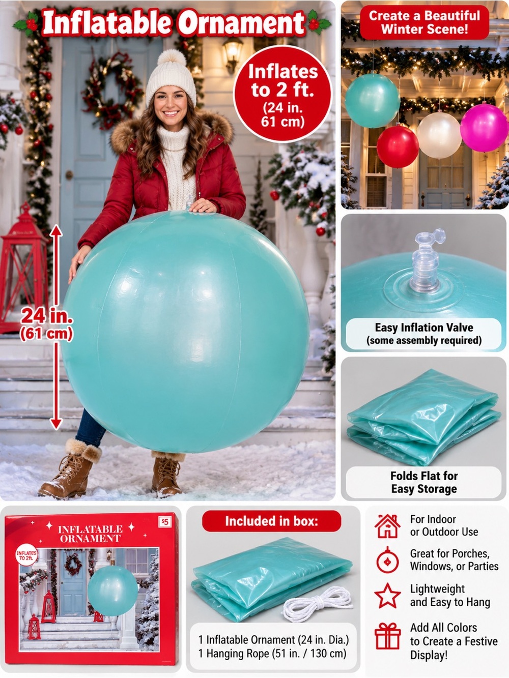 Inflatable Ornament Holiday Ball - Teal